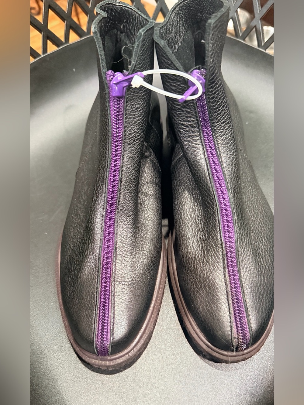 Arche Black Leather Ankle Boots with Purple Center Zipper